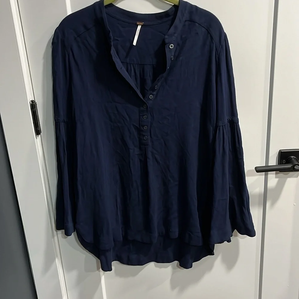 Free People Oversized Bell Sleeve Henley Top Navy